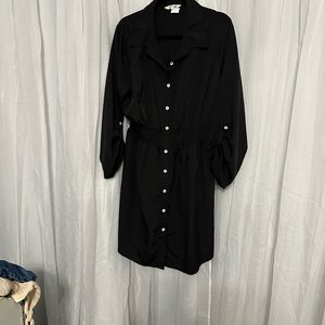 Black Long Sleeve Notched Collar Shirt Dress